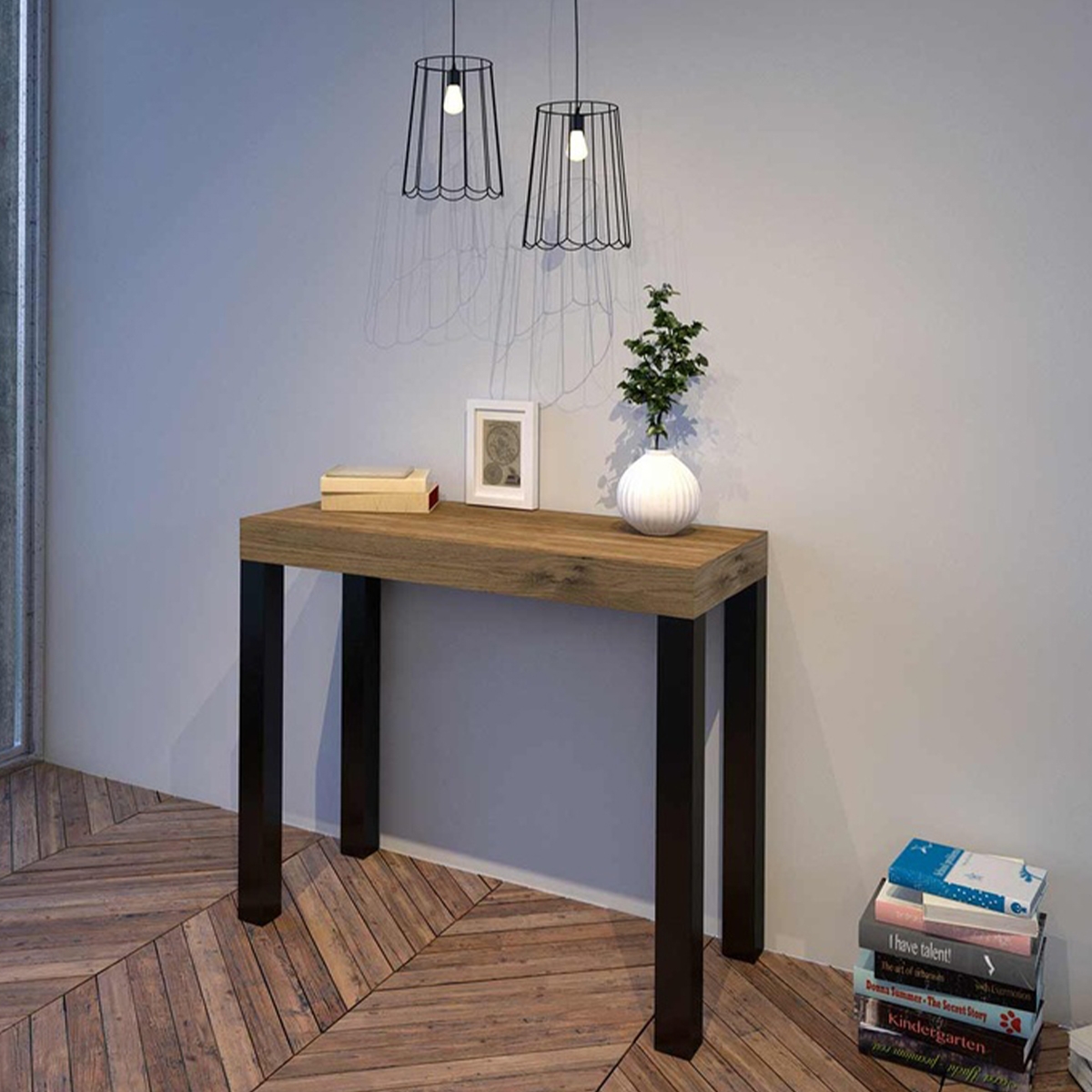 Konsola rozkładana w stylu industrialnym z drewna 90x40-196 Everyday Small Promocja Konsola rozkładana w stylu industrialnym z drewna 90x40-196 Everyday Small Promocja