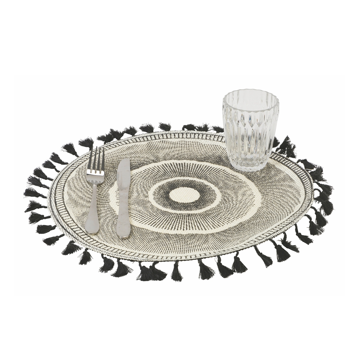 Zestaw 6 ozdobnych podkładek stołowych o geometrycznym wzorze 38 cm Black z frędzlami Promocja Zestaw 6 ozdobnych podkładek stołowych o geometrycznym wzorze 38 cm Black z frędzlami Promocja