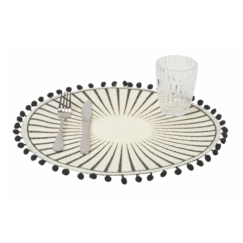 Zestaw 6 okrągłych podkładek na stół z pomponami, wzór geometryczny, 38 cm, kolor czarny Promocja