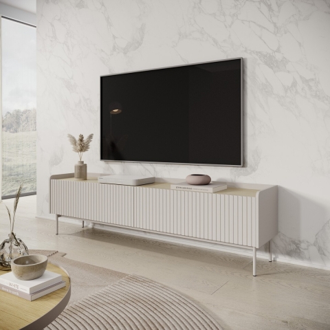 Nowoczesna niska szafka RTV Bitter, 2 uchylne drzwiczki, beżowa, 153x50x38 cm Promocja