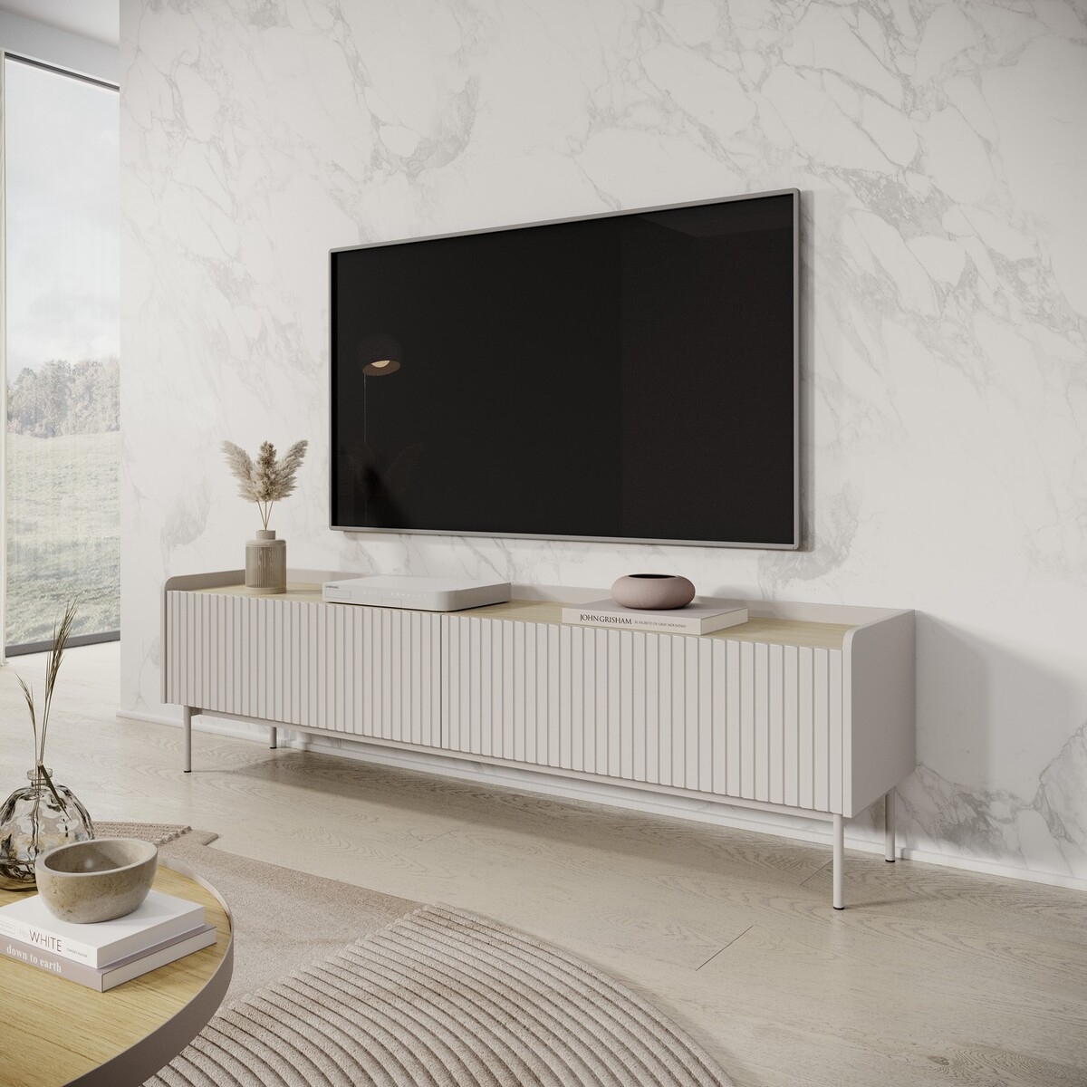 Nowoczesna niska szafka RTV Bitter, 2 uchylne drzwiczki, beżowa, 153x50x38 cm Promocja Nowoczesna niska szafka RTV Bitter, 2 uchylne drzwiczki, beżowa, 153x50x38 cm Promocja