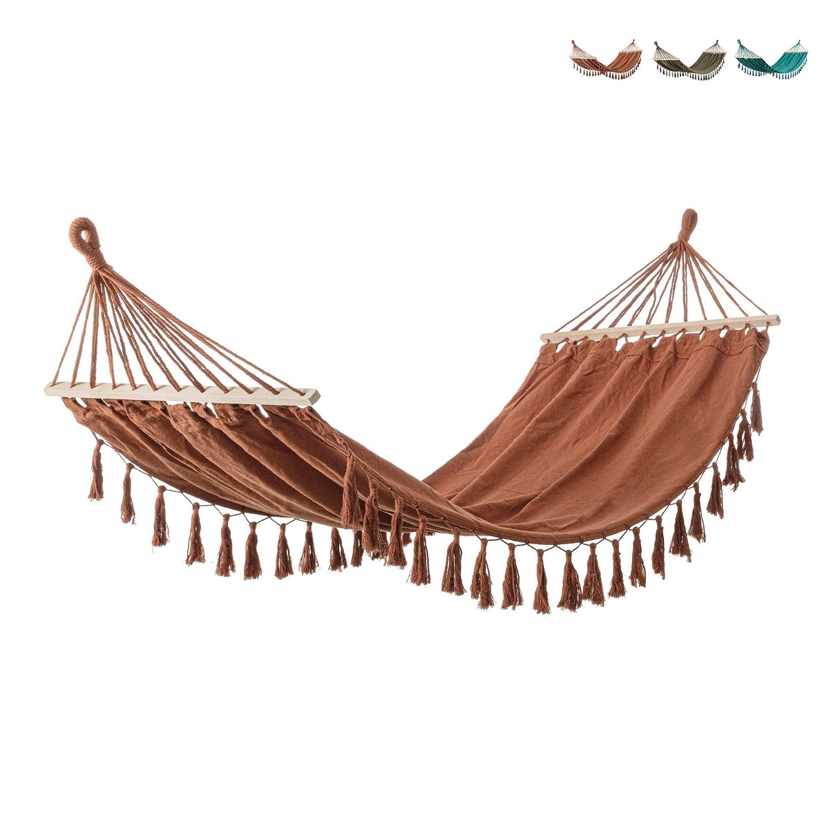 Hamak ogrodowy boho chic z bawełny i drewna 200x100 cm Juan Promocja Hamak ogrodowy boho chic z bawełny i drewna 200x100 cm Juan Promocja