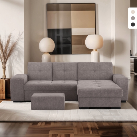 Sofa 3-osobowa z funkcją spania, prawy szezlong z pojemnikiem i puf Kava Promocja