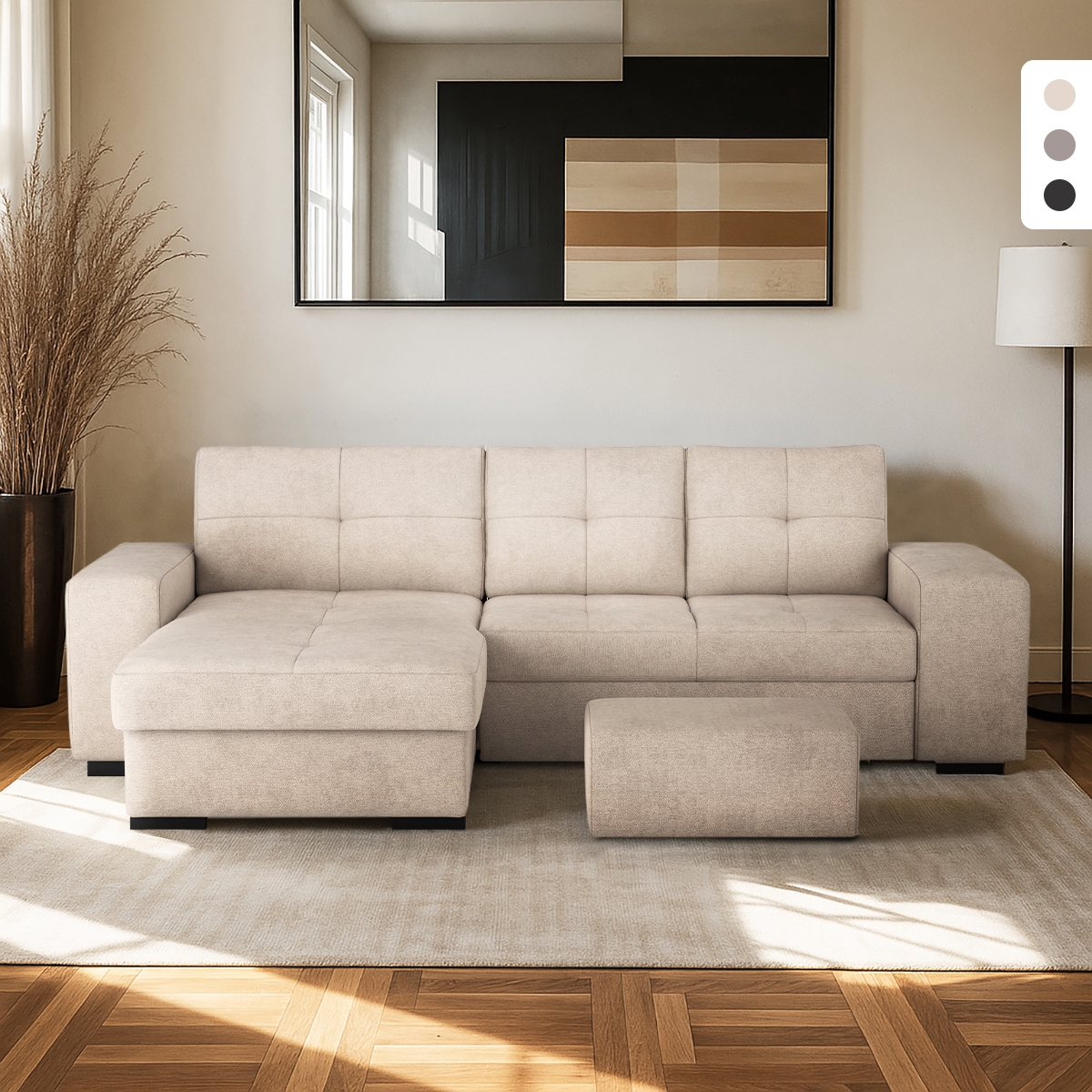 Sofa rozkładana 3-osobowa z lewym pojemnikiem na pościel i pufą Saro Promocja Sofa rozkładana 3-osobowa z lewym pojemnikiem na pościel i pufą Saro Promocja