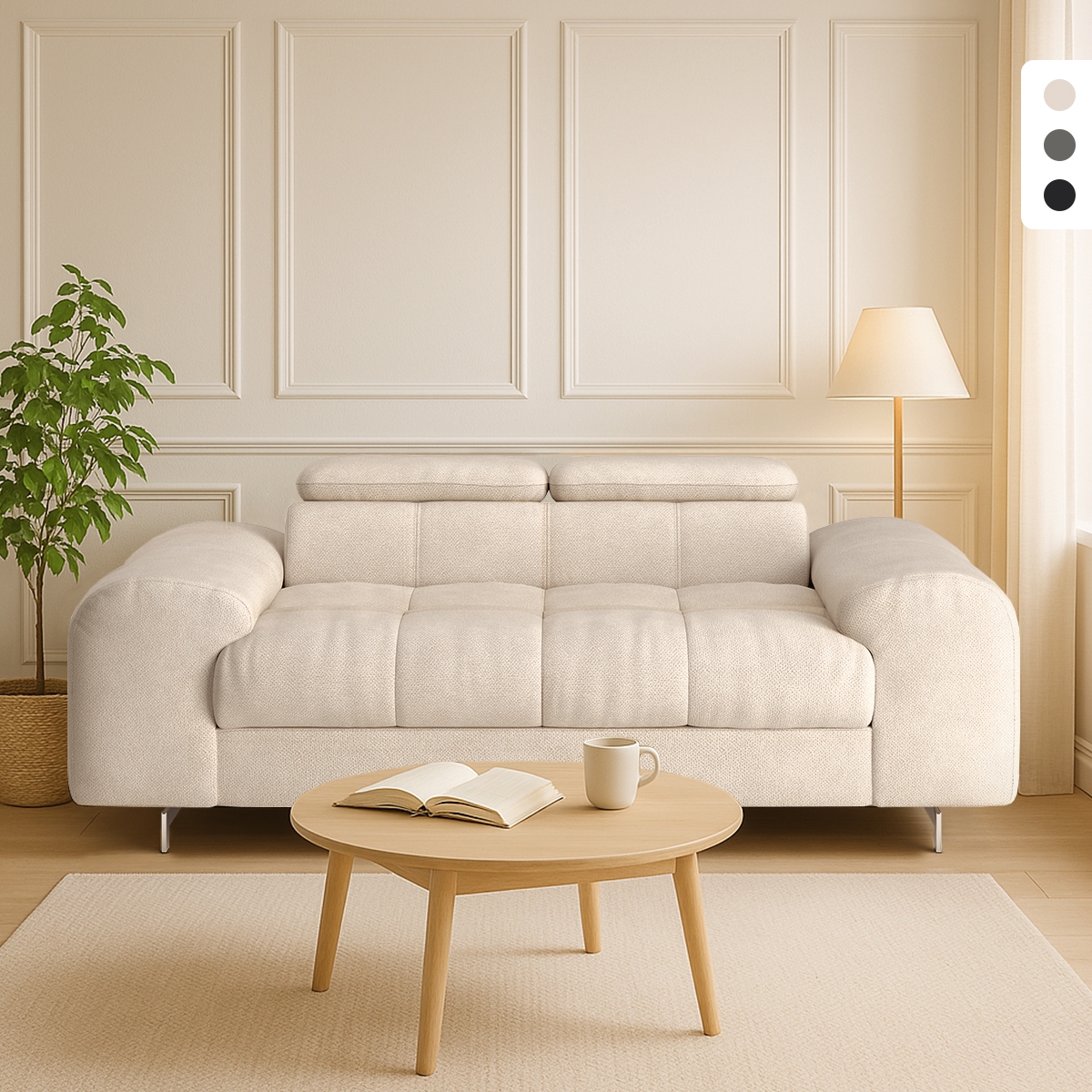 Nowoczesna sofa 2-osobowa z tkaniny z regulowanym zagłówkiem Kuran Promocja Nowoczesna sofa 2-osobowa z tkaniny z regulowanym zagłówkiem Kuran Promocja