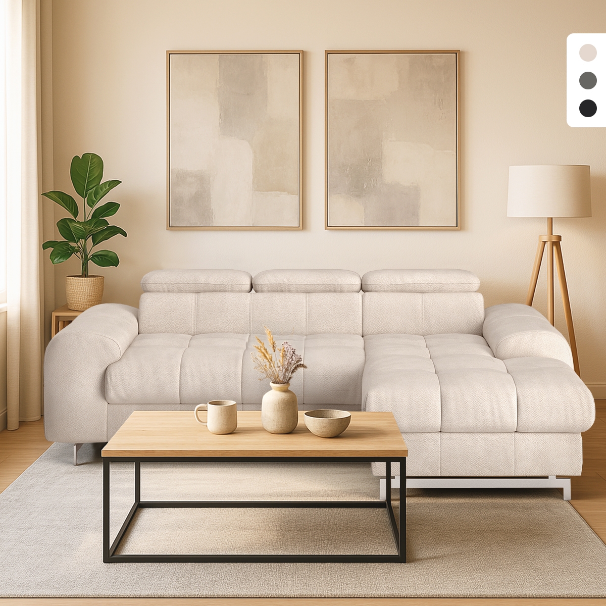 Sofa rozkładana z prawym szezlongiem i pojemnikiem, z regulowanym zagłówkiem Eluna Promocja Sofa rozkładana z prawym szezlongiem i pojemnikiem, z regulowanym zagłówkiem Eluna Promocja