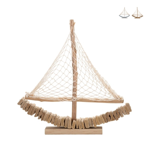 Drewniana rzeźba żaglówki z tkaninową siatką 45x45x7 cm Enok Promocja
