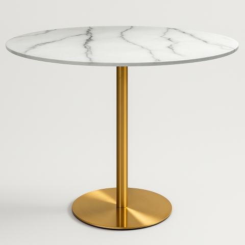 Stół do jadalni okrągły w stylu Goblet 120cm z efektem marmuru w kolorze złotym Monika+ Promocja