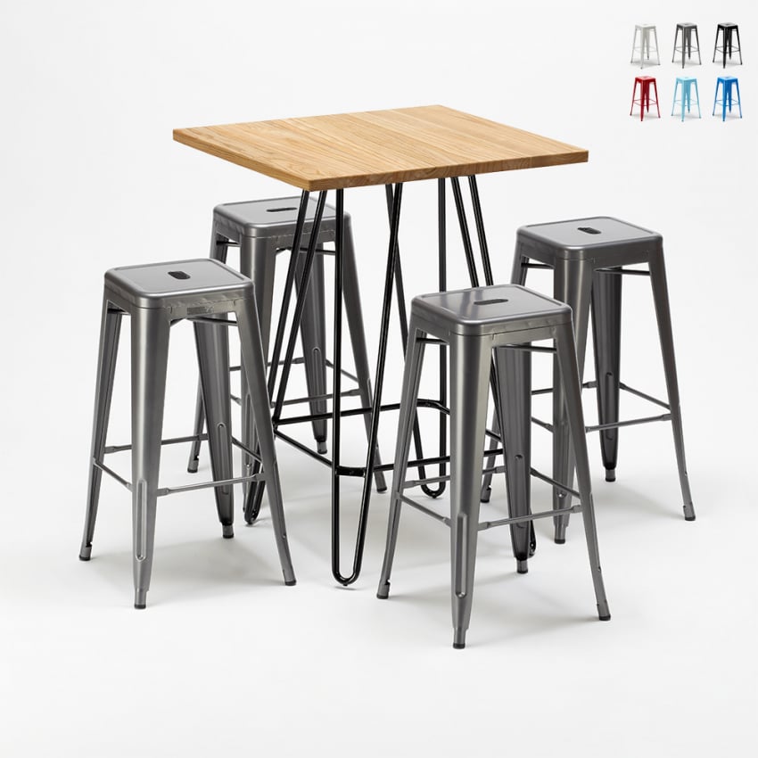 Zestaw 4 metalowe krzesła + 1 drewniany stół do baru lub pubów Brooklyn Cechy Zestaw 4 metalowe krzesła + 1 drewniany stół do baru lub pubów Brooklyn Cechy