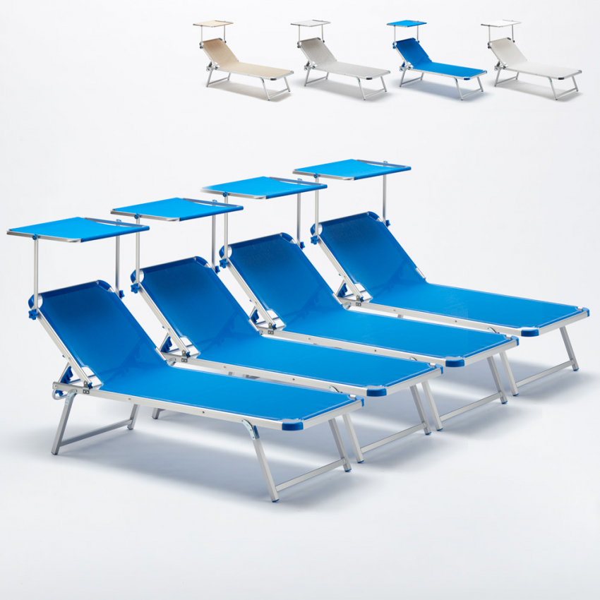 Zestaw 4 aluminiowych leżaków plażowych z daszkiem Neptune Stan Magazynowy Zestaw 4 aluminiowych leżaków plażowych z daszkiem Neptune Stan Magazynowy