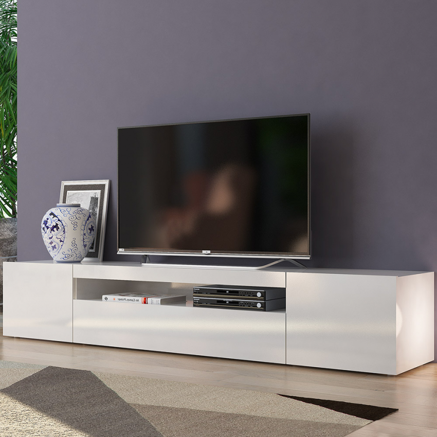 Design szafka TV z drzwiami szufladowymi klapowymi 200cm Daiquiri White L Promocja