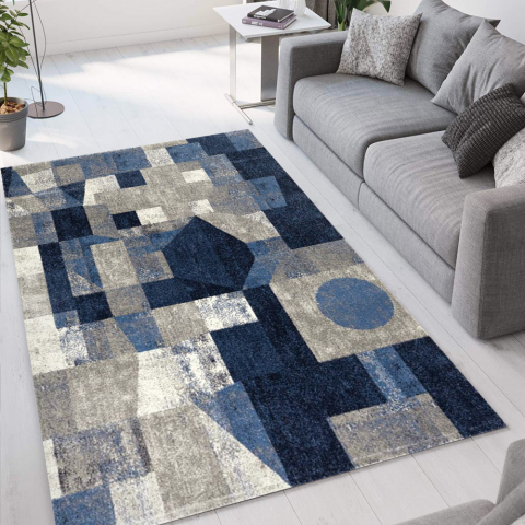 Szaro-niebieski dywan z geometrycznym wzorem, krótki włos Milano BLU013 Promocja