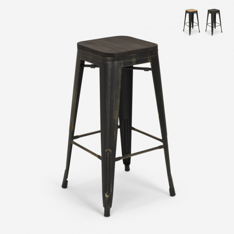 Metalowy stołek barowy Tolix z drewnianym siedziskiem Brush Up