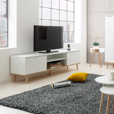 Biało- drewniana komoda pod telewizor z szafkami Ekraan