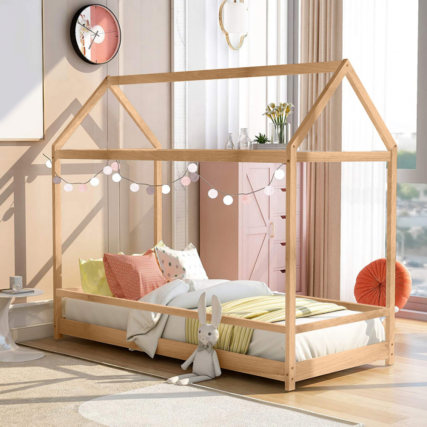 Łóżeczko Montessori dla dzieci drewniany domek 80x160cm Husty Rabaty Łóżeczko Montessori dla dzieci drewniany domek 80x160cm Husty Rabaty