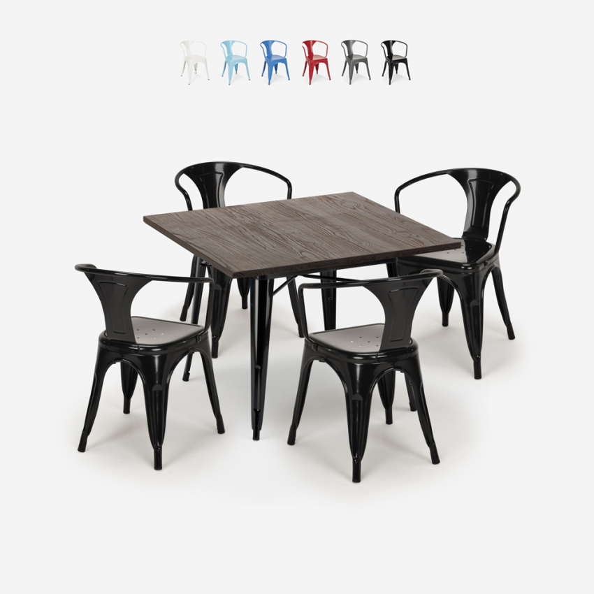 zestaw industrialny stół 80x80cm i 4 krzesła hustle black Rabaty