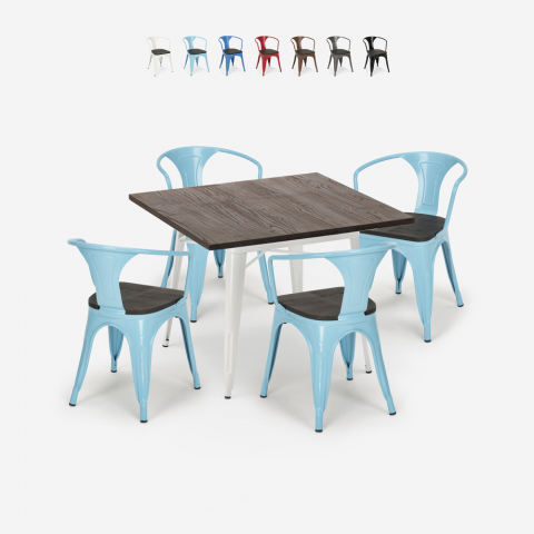 zestaw industrialny stół 80x80cm i 4 krzesła hustle wood biały Promocja