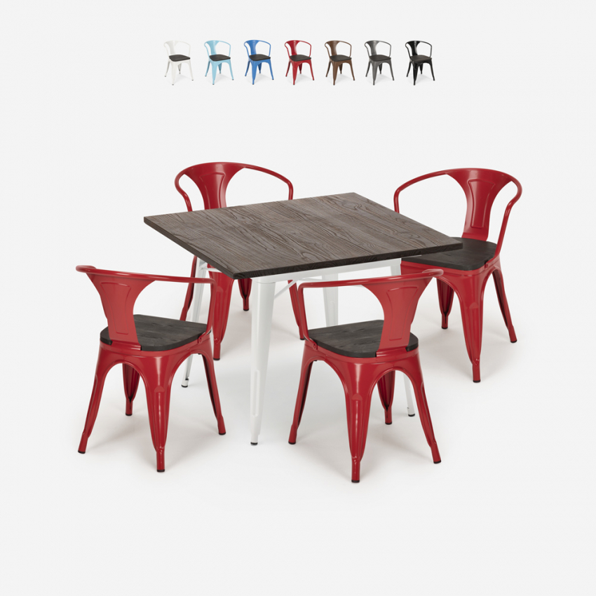 zestaw industrialny stół 80x80cm i 4 krzesła Lix hustle wood biały Stan Magazynowy