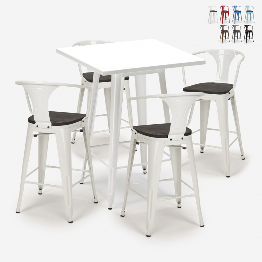 zestaw 4 taboretów wysoki biały metalowy stół 60x60cm bucket wood white Sprzedaż zestaw 4 taboretów wysoki biały metalowy stół 60x60cm bucket wood white Sprzedaż
