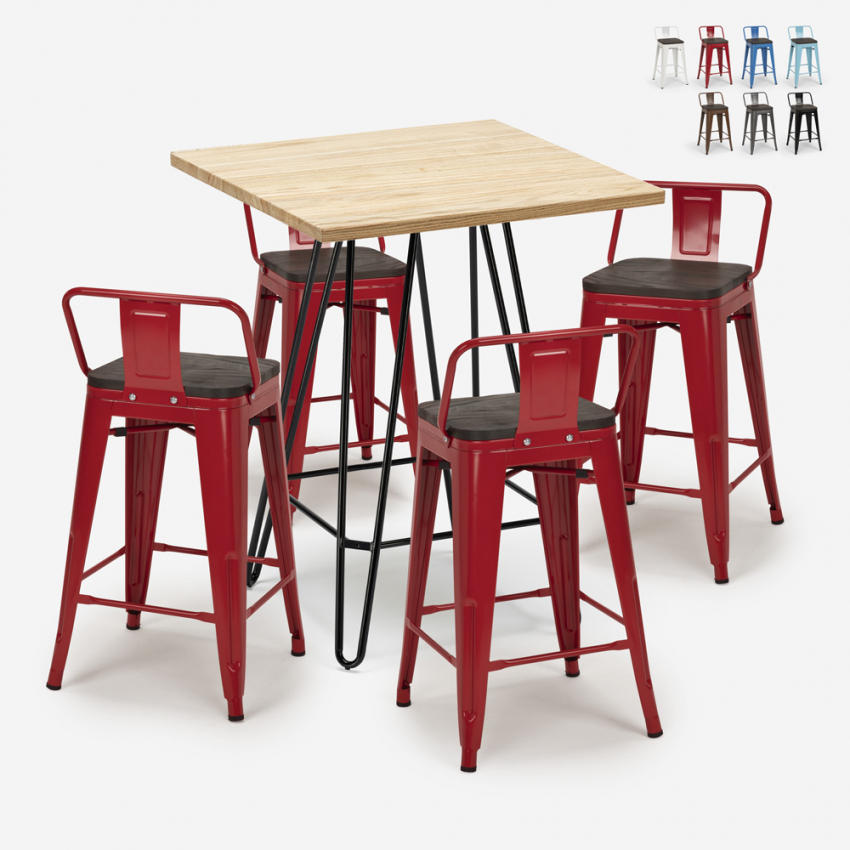 zestaw 4 taboretów industrialny wysoki stół drewno metal 60x60cm mason steel top Promocja zestaw 4 taboretów industrialny wysoki stół drewno metal 60x60cm mason steel top Promocja