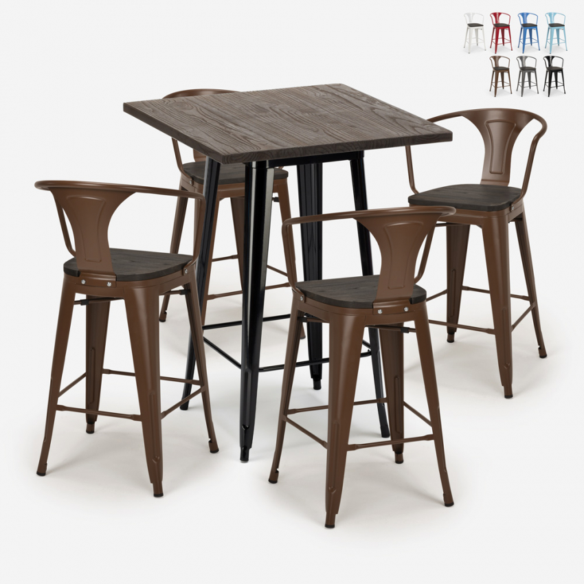 zestaw 4 industrialnych stołków i wysoki stolik 60x60cm bruck wood black Rabaty