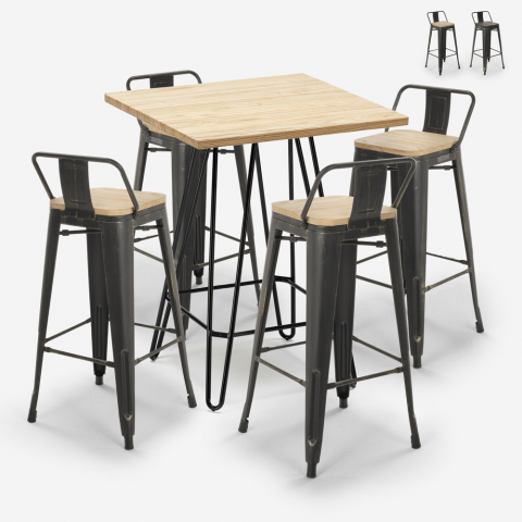 Zestaw 4 stołki tolix w stylu vintage i stolik industrialny 60x60 cm Rhodes