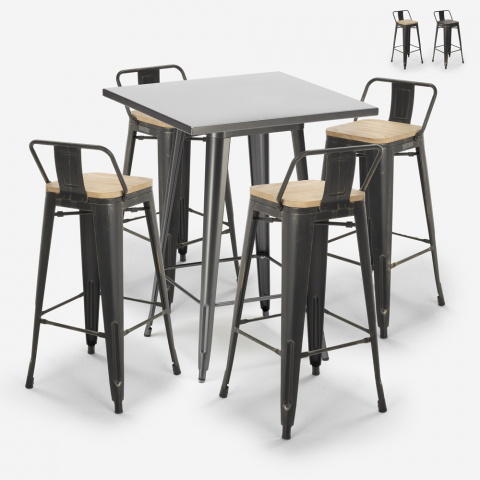 Zestaw 4 taborety vintage tolix i stolik indsutrialny 60x60cm Rush Promocja