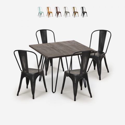 kwadratowy zestaw stołowy 80x80cm drewno metal 4 krzesła Lix vintage hedges dark Promocja
