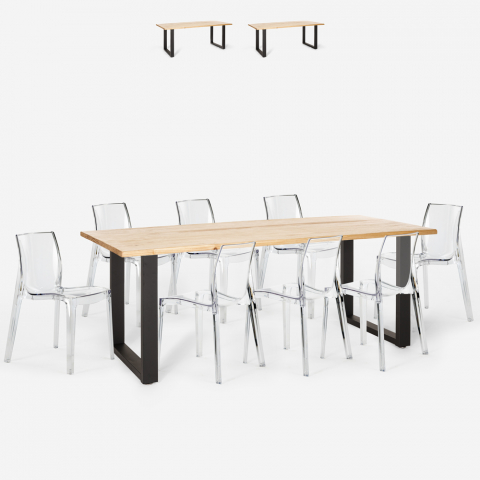 Zestaw 8 transparentnych krzeseł i stół industrialny 220x80cm Virgil Promocja