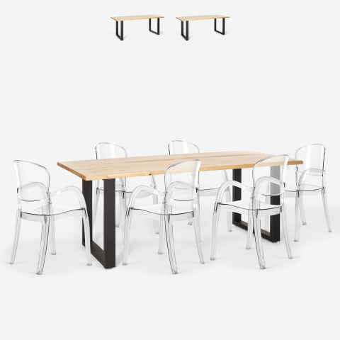 Zestaw stół industrialny 200x80cm i 6 przezroczystych krzeseł design Jaipur XL Promocja