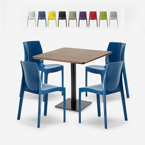 Zestaw stolik kawowy drewno metal Horeca 90x90cm 4 krzesła Yanez Promocja