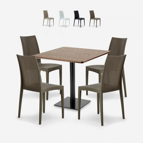 Zestaw stolik kawowy drewno 90x90cm Horeca 4 krzesła z polirattanu Barrett Promocja