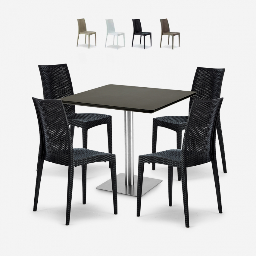 Zestaw 4 krzesła polirattan stolik kawowy Horeca 90x90cm Barrett Black Promocja