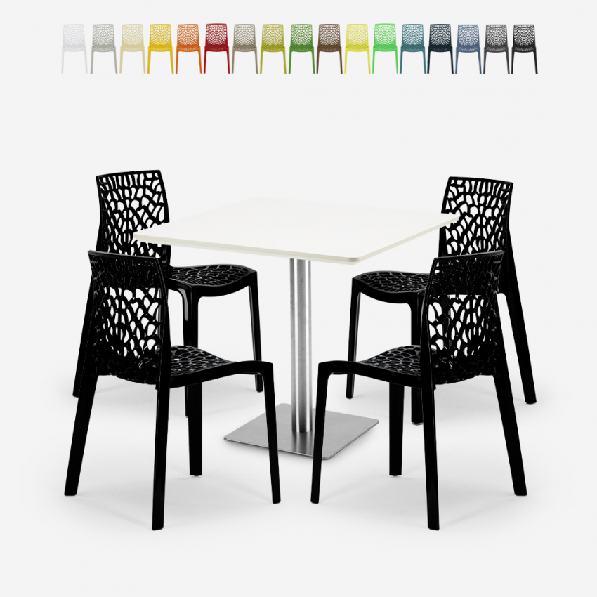 Zestaw 4 krzeseł z polipropylenu i biały stolik kawowy 90x90cm Horeca Dustin White Koszt Zestaw 4 krzeseł z polipropylenu i biały stolik kawowy 90x90cm Horeca Dustin White Koszt