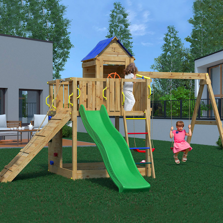 Zjeżdżalnia domek do zabawy wspinaczka podwójna huśtawka Treehouse Promocja Zjeżdżalnia domek do zabawy wspinaczka podwójna huśtawka Treehouse Promocja