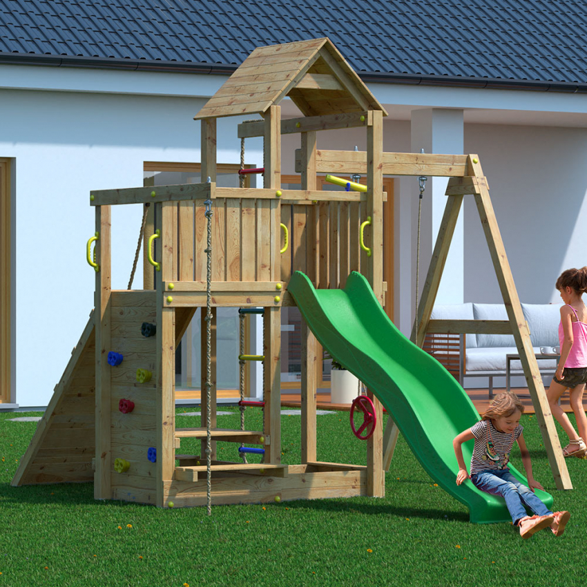 Drewniany ogrodowy plac zabaw dzieci zjeżdżalnia huśtawka wspinaczka Activer Promocja Drewniany ogrodowy plac zabaw dzieci zjeżdżalnia huśtawka wspinaczka Activer Promocja