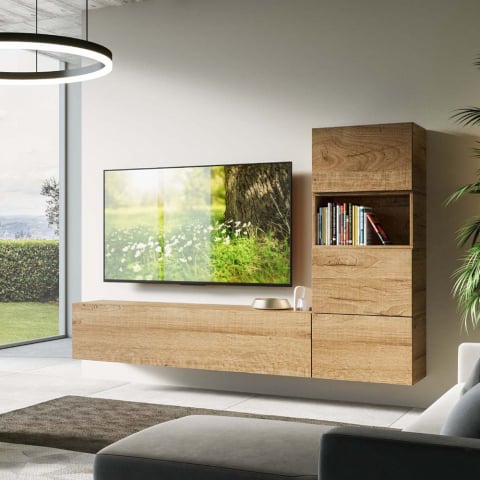 System ścienny TV z 3 drewnianymi szafkami nowoczesny design A09
