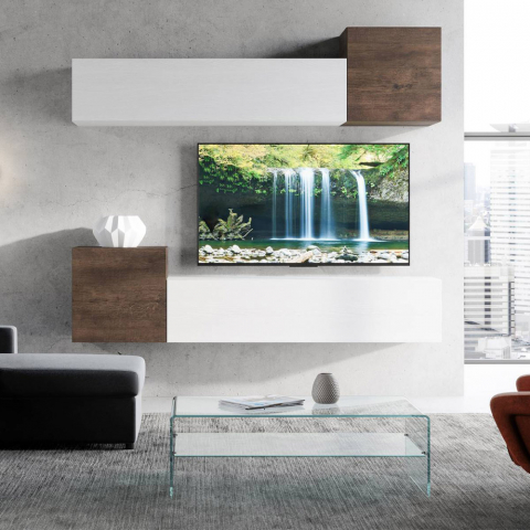 Meblościanka TV do salonu z białego drewna z 4 wiszącymi szafkami A37 Promocja