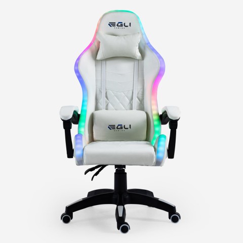Biały fotel do gier ergonomiczny rozkładany masujący LED Pixy Plus